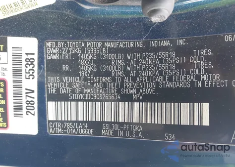 2012 Toyota Sienna Limited V6 7 Passenger z USA, uszkodzony, nr VIN 5TDYK3DC9CS265634